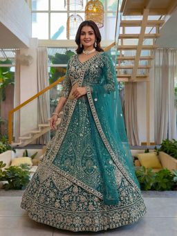Odette - Teal Blue Net Embellished Lehenga and Dupatta with Unstitched Blouse
