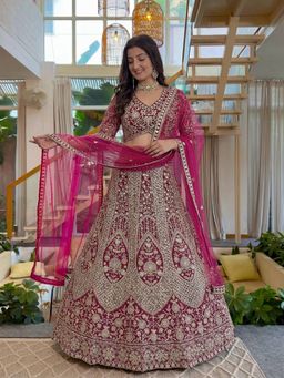 Odette - Pink Net Embellished Lehenga and Dupatta with Unstitched Blouse
