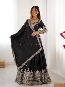 Odette - Black Silk Blend Embellished Lehenga and Dupatta with Unstitched Blouse
