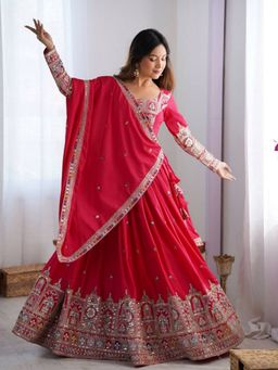 Odette - Red Silk Blend Embellished Lehenga and Dupatta with Unstitched Blouse