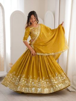 Odette - Mustard Silk Blend Embellished Lehenga and Dupatta with Unstitched Blouse