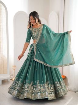 Odette - Green Silk Blend Embellished Lehenga and Dupatta with Unstitched Blouse