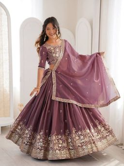 Odette - Purple Silk Blend Embellished Lehenga and Dupatta with Unstitched Blouse
