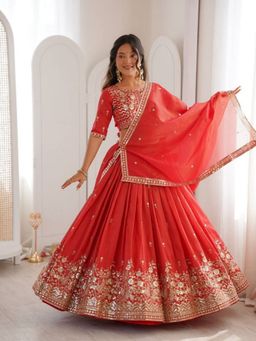 Odette - Red Silk Blend Embellished Lehenga and Dupatta with Unstitched Blouse