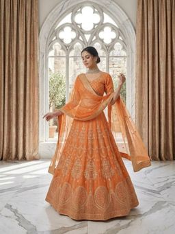 Odette - Orange Georgette Printed Lehenga and Dupatta with Unstitched Blouse