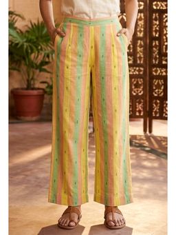 Tjori - Lime Multi-Color Striped Cotton Viscose Pant