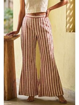 Tjori - Beige Striped Flared Leg Cotton Viscose Pant