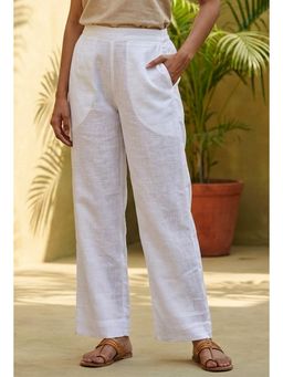 Tjori - Solid White Cotton Straight Pant