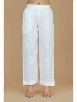 Tjori - Women Solid White Cotton Straight Pant