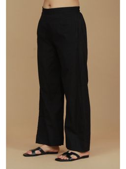 Tjori - Solid Black Cotton Straight Pant