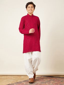 AJ Dezines - Boys Red Cotton Sequined Chikankari Kurta Salwar (Set of 2)