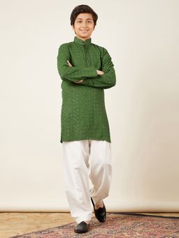 AJ Dezines - Boys Green Cotton Sequined Chikankari Kurta Salwar (Set of 2)