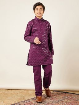 AJ Dezines - Boys Purple Silk Blend Embroidered Kurta Pyjama (Set of 2)