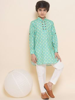 AJ Dezines - Boys Green Cotton Blend Printed Kurta Pyjama (Set of 2)