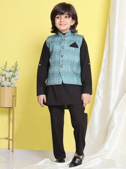 AJ Dezines - Boys Black Cotton Embroidered Kurta Trouser with Waistcoat (Set of 3)