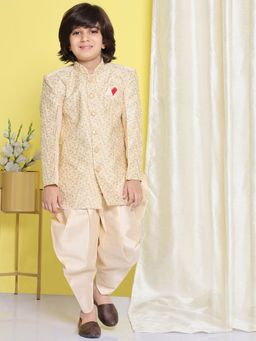 AJ Dezines - Boys Beige Silk Blend Embroidered Indo Western Sherwani (Set of 2)