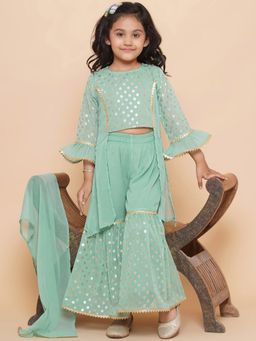 AJ Dezines - Girls Green Foil Print Panelled Kurta Sharara with Dupatta (Set of 3)