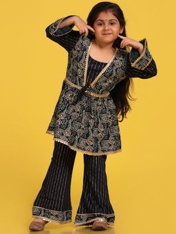 AJ Dezines - Girls Blue Cotton Printed Full Sleeves A-Line Kurta Sharara (Set of 2)