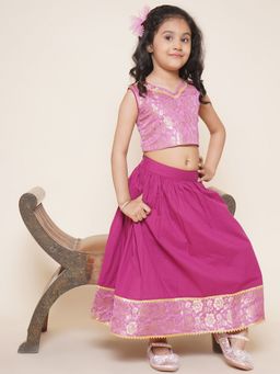AJ Dezines - Girls Pink Blended Banarasi Pattern Lehenga Choli (Set of 2)