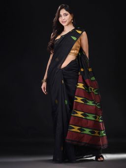 Beatitude - Black Blended Cotton Woven Saree with Unstitched Blouse