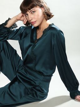 VERO MODA - Dark Green Lace Trim Top