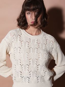 VERO MODA - Beige Jacquard Knit Pullover