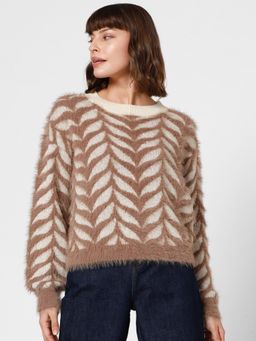 VERO MODA - Brown Jacquard Fuzzy Pullover