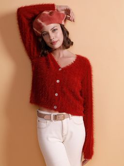VERO MODA - Red Fuzzy Detail Cardigan
