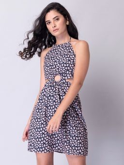 FabAlley - Navy Floral Halter Cut Out Mini Dress