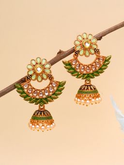 Karatcart - Gold Plated Green Meena Floral Design Jhumki Earrings for Women