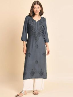 Odette - Women Grey Rayon Embroidered Straight Kurta
