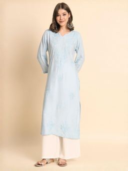 Odette - Women Blue Rayon Embroidered Straight Kurta