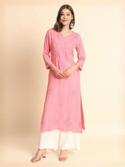 Odette - Women Pink Rayon Embroidered Straight Kurta