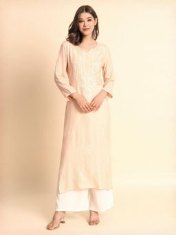Odette - Women Peach Rayon Embroidered Straight Kurta