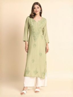 Odette - Women Green Rayon Embroidered Straight Kurta