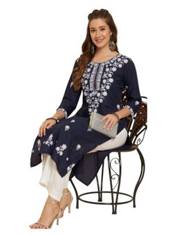 Odette - Women Navy Blue Rayon Embroidered Straight Kurta