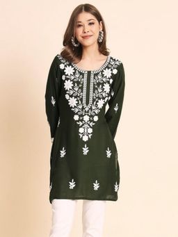 Odette - Women Olive Georgette Embroidered Straight Kurta