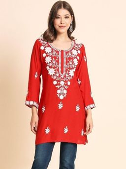 Odette - Women Red Georgette Embroidered Straight Kurta