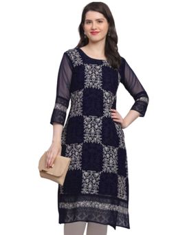 Odette - Women Navy Blue Georgette Embroidered Straight Kurta