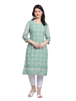 Odette - Women Green Georgette Embroidered Straight Kurta