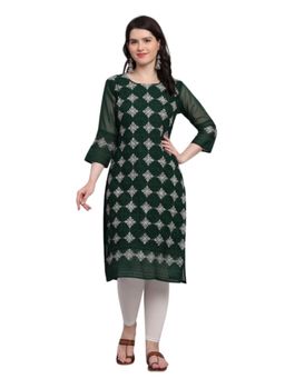 Odette - Women Green Georgette Embroidered Straight Kurta