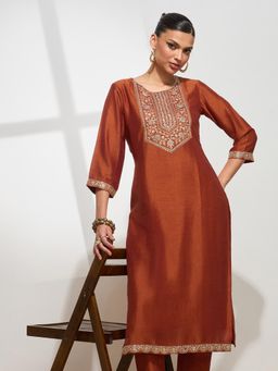 HRITIKA - Women Orange Silk Blend Embroidered Straight Kurta