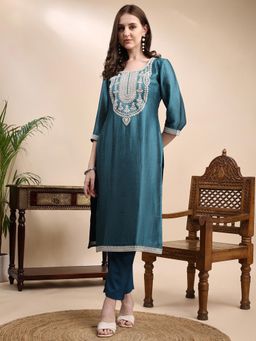 HRITIKA - Women Teal Silk Blend Embroidered Straight Kurta