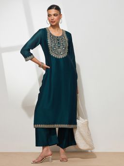 HRITIKA - Women Teal Silk Blend Embroidered Straight Kurta
