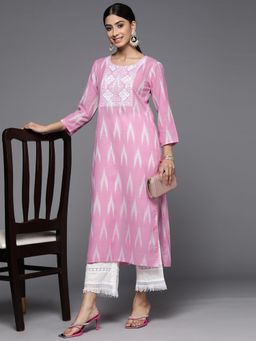 KSUT - Women Pink Cotton Embroidered Straight Kurta