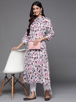 KSUT - Women Off White Cotton Abstract A-Line Kurta