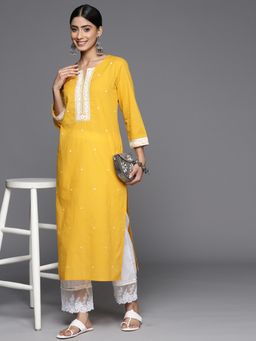 KSUT - Women Yellow Cotton Embroidered Straight Kurta