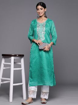 KSUT - Women Green Cotton Stripes Straight Kurta