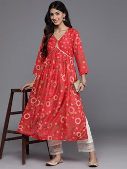 KSUT - Women Red Cotton Floral Straight Kurta