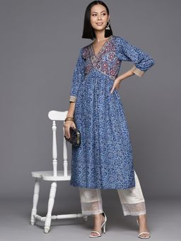 KSUT - Women Blue Cotton Floral Straight Kurta